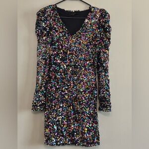 J.OUR Multi Color Sequin Mini Dress Long Sleeve V-Neck Rainbow Confetti Party M